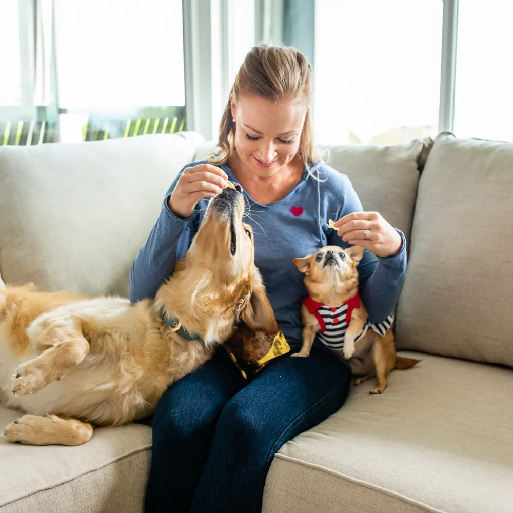 Melanie, founder of True Pet Kitchens, relaxing on the couch with her dogs